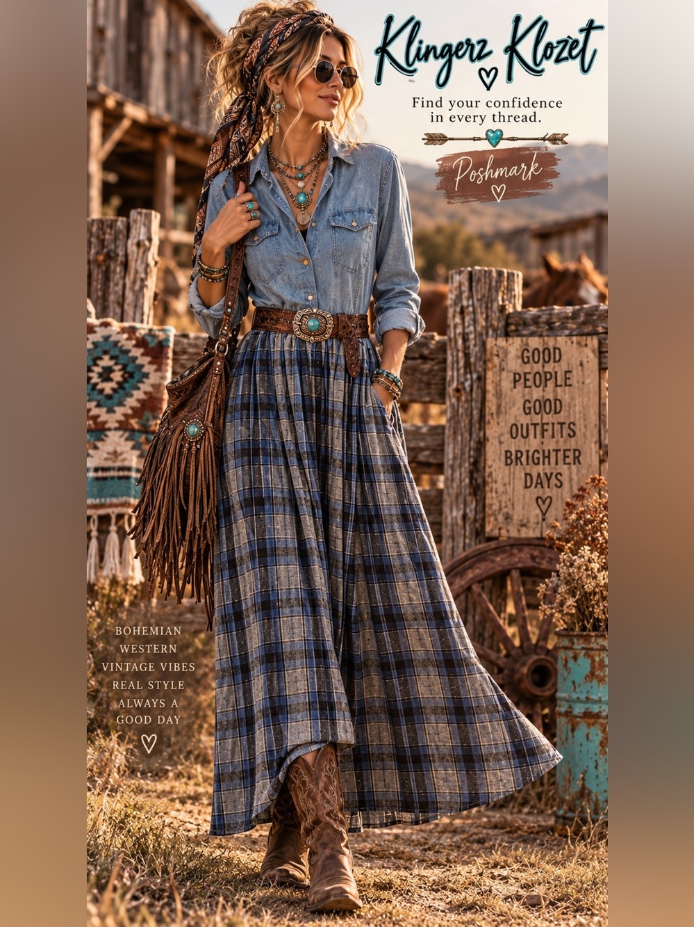 Vintage 90s Grunge Prairie Denim Plaid Maxi Dress M Boho Cottagecore Western